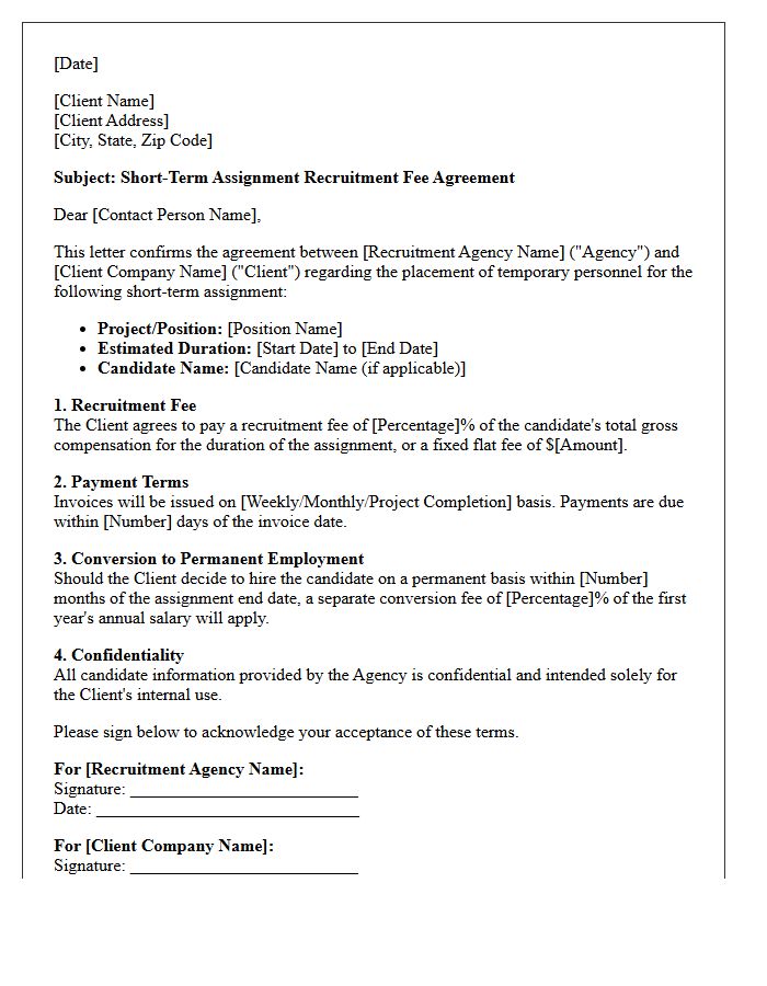 Short-Term Assignment Project Recruitment Fee Agreement Letter