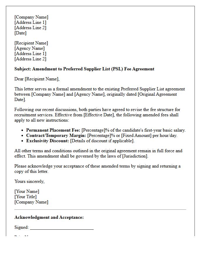 Amended Preferred Supplier List Fee Agreement Letter