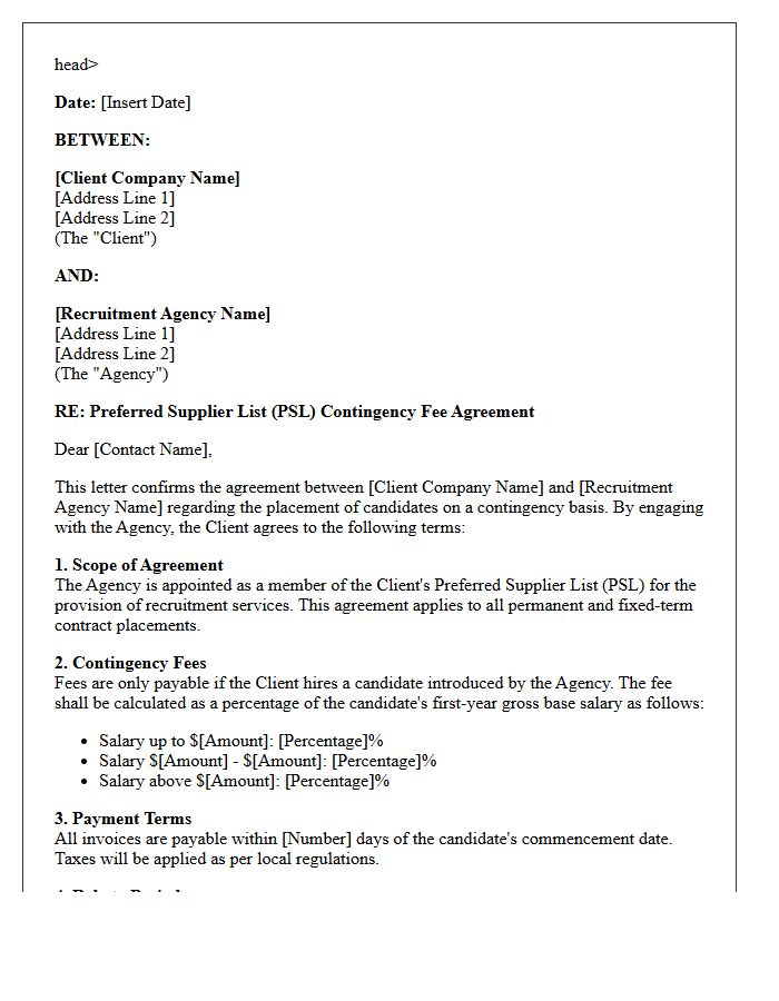 Contingency Recruitment Preferred Supplier List Fee Agreement Letter