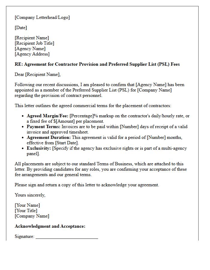 Contractor Provision Preferred Supplier List Fee Agreement Letter
