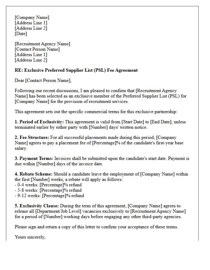Exclusive Preferred Supplier List Fee Agreement Letter