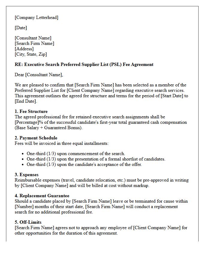 Executive Search Preferred Supplier List Fee Agreement Letter
