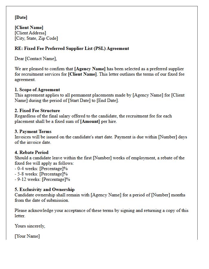 Fixed Fee Preferred Supplier List Fee Agreement Letter