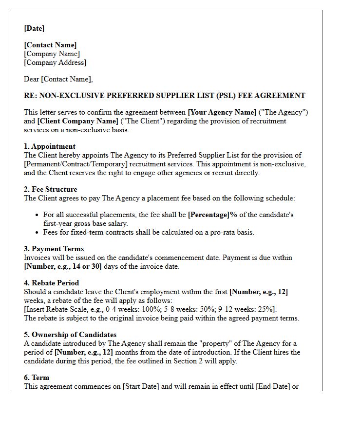 Non-Exclusive Preferred Supplier List Fee Agreement Letter