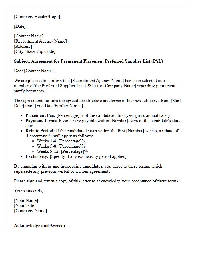 Permanent Placement Preferred Supplier List Fee Agreement Letter