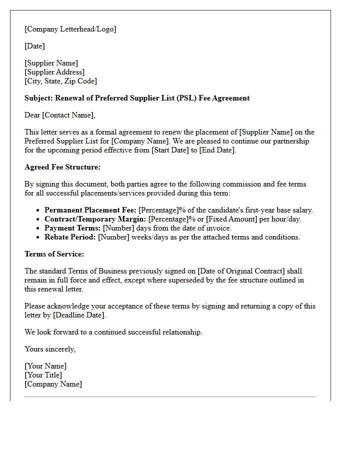 Renewal Preferred Supplier List Fee Agreement Letter