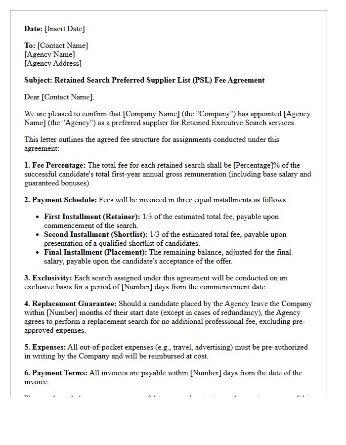 Retained Search Preferred Supplier List Fee Agreement Letter