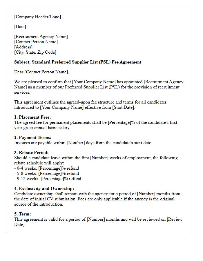 Standard Preferred Supplier List Fee Agreement Letter