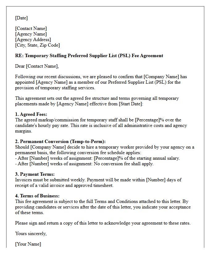Temporary Staffing Preferred Supplier List Fee Agreement Letter