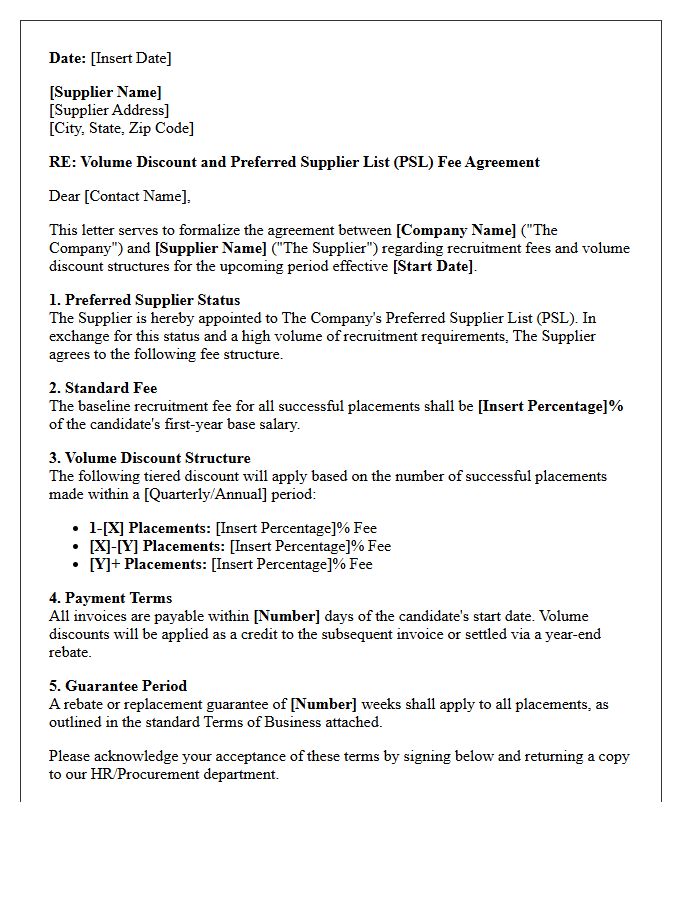 Volume Discount Preferred Supplier List Fee Agreement Letter