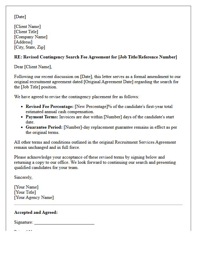 Contingency Search Revised Recruitment Fee Agreement Letter