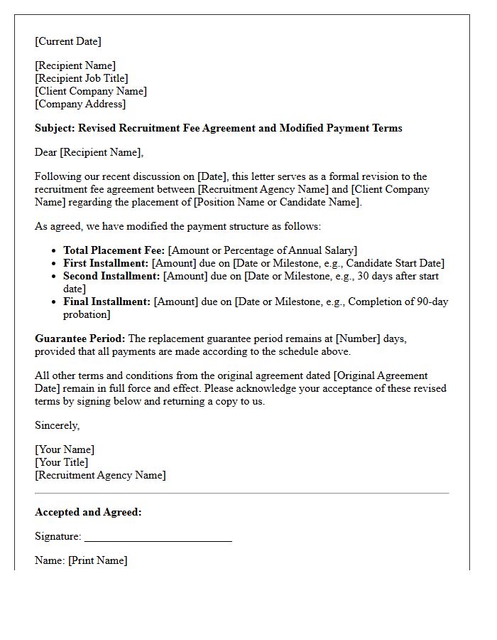 Revised Recruitment Fee Agreement Letter with Modified Payment Terms