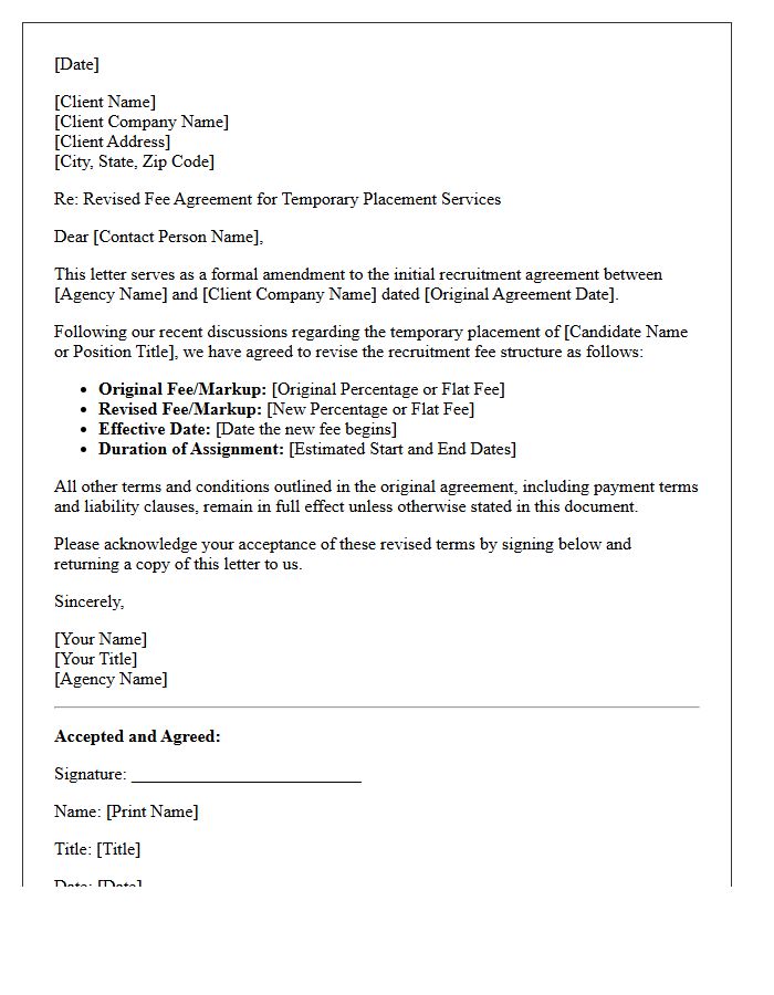 Temporary Placement Revised Recruitment Fee Agreement Letter