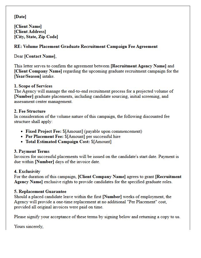 Volume Placement Graduate Recruitment Campaign Fee Agreement Letter