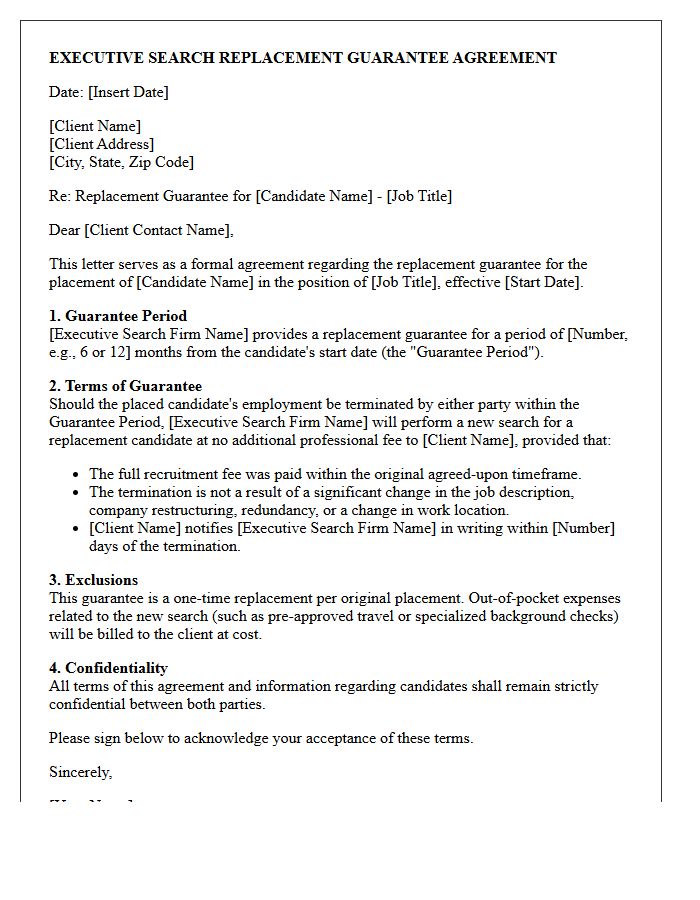 Executive Search Replacement Guarantee Agreement Letter