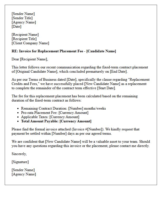 Fixed-Term Contract Placement Replacement Fee Letter