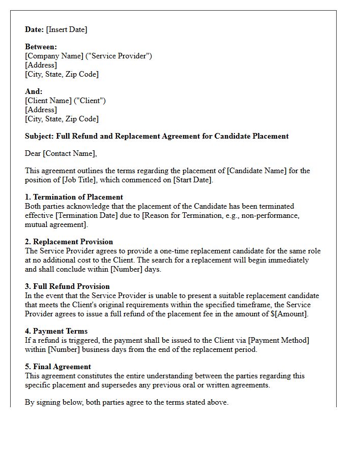Full Refund Placement Replacement Agreement Letter