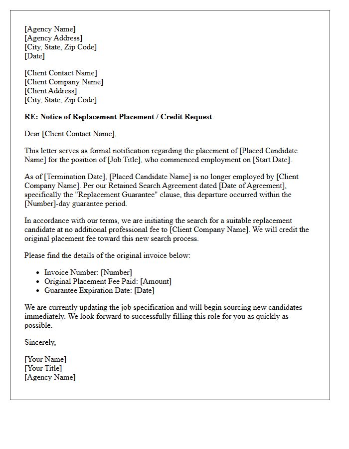 Retained Agency Placement Replacement Fee Letter