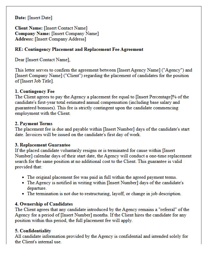 Standard Contingency Placement Replacement Fee Agreement Letter