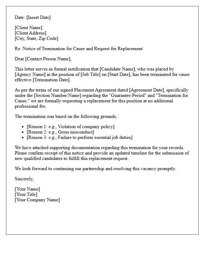 Termination For Cause Placement Replacement Agreement Letter