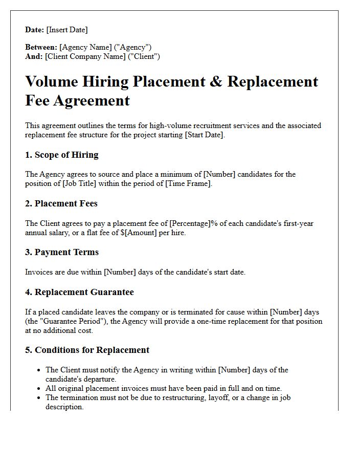 Volume Hiring Placement Replacement Fee Agreement Letter