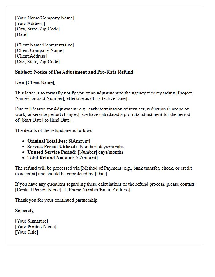 Agency Fee Adjustment and Pro-Rata Refund Letter