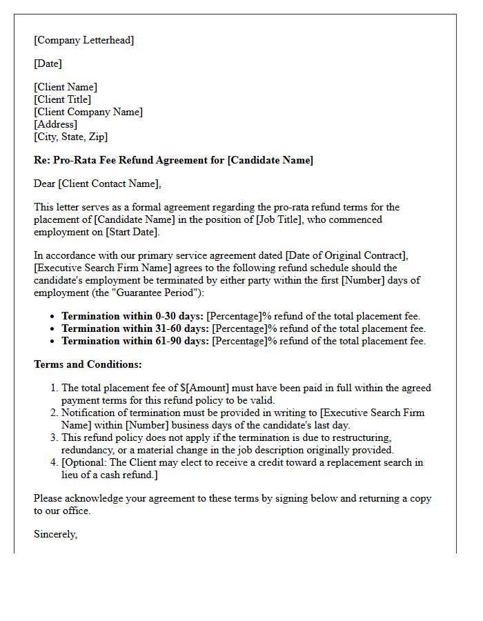 Executive Search Pro-Rata Fee Refund Agreement Letter