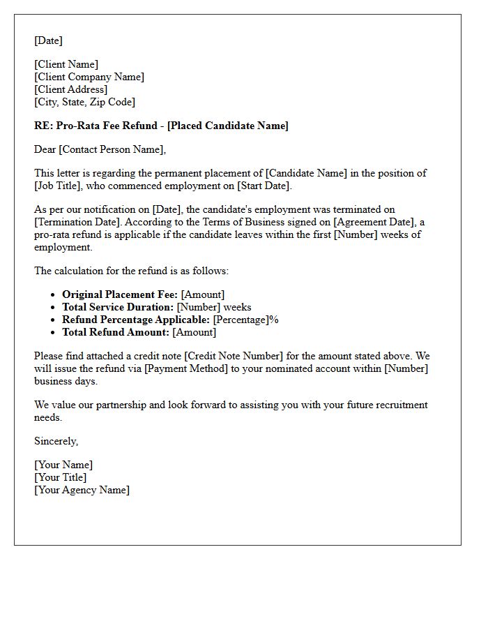 Permanent Placement Pro-Rata Fee Refund Letter