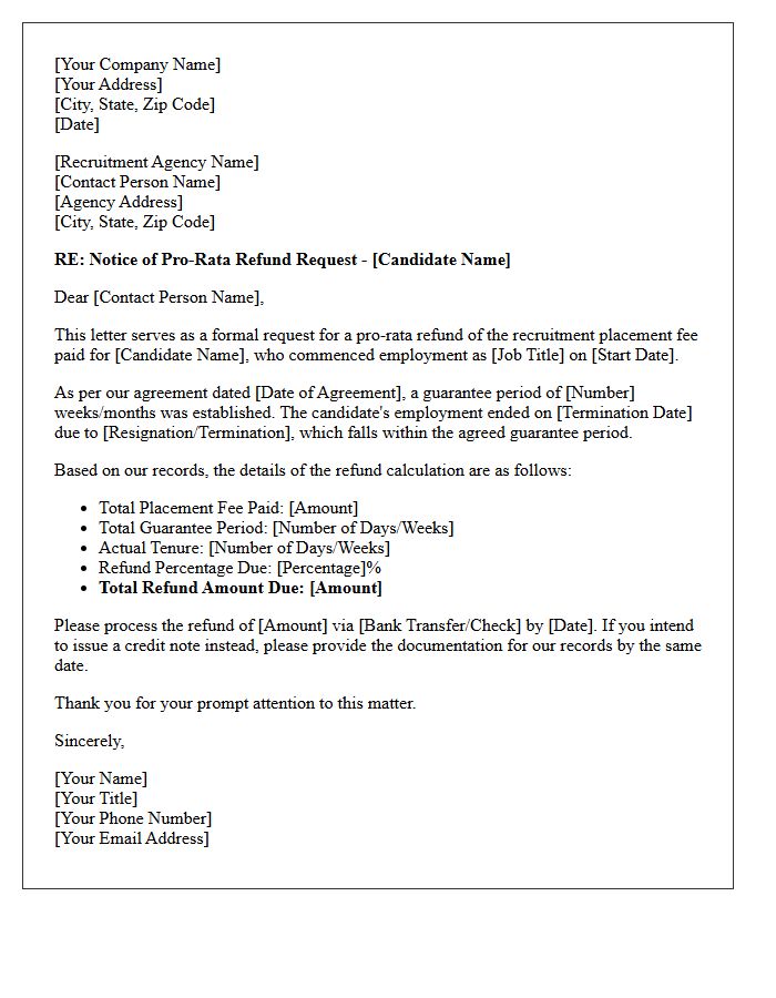 Recruitment Placement Fee Pro-Rata Refund Letter