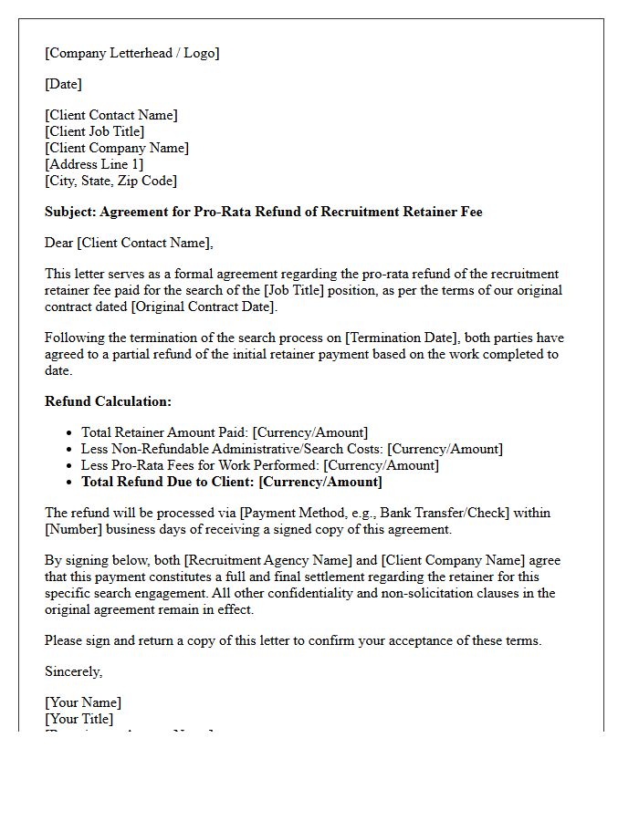 Recruitment Retainer Pro-Rata Refund Agreement Letter