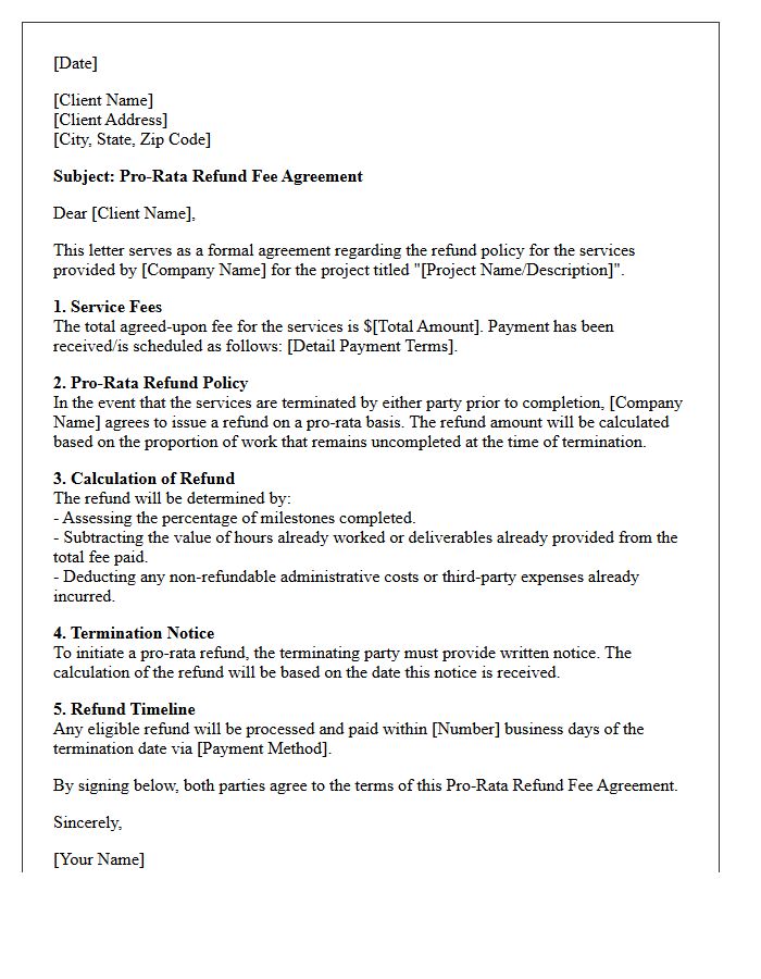 Standard Pro-Rata Refund Fee Agreement Letter