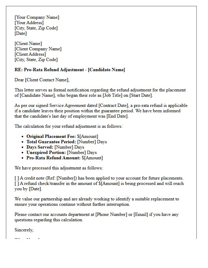 Temporary Staffing Pro-Rata Refund Adjustment Letter