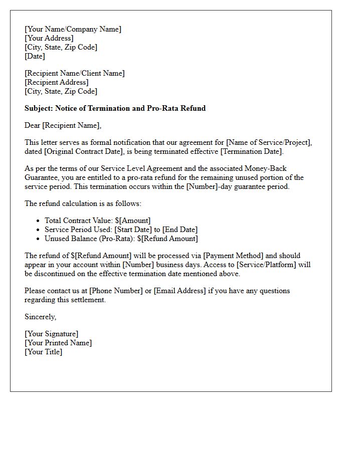 Termination Within Guarantee Pro-Rata Refund Letter