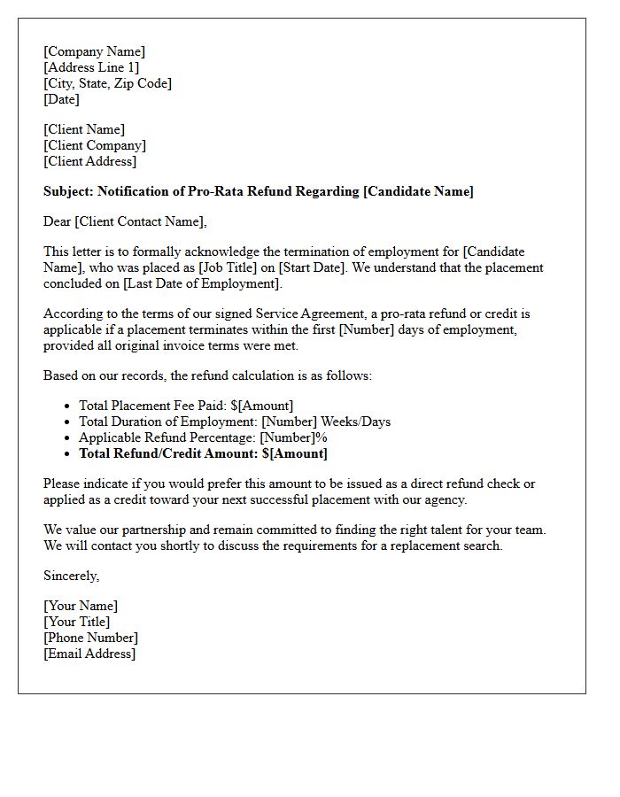 Unsuccessful Placement Pro-Rata Refund Policy Letter