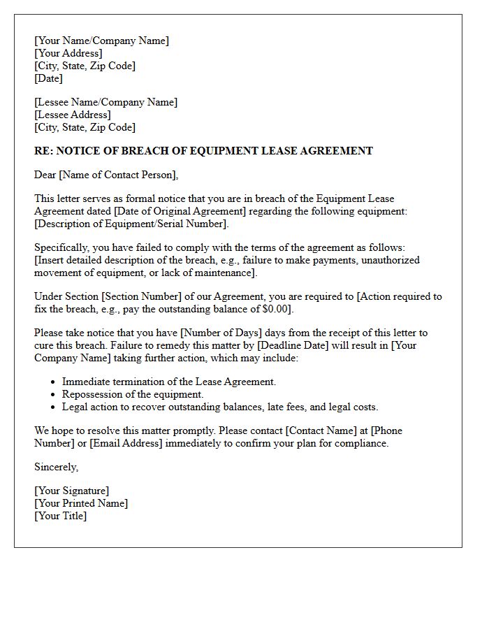 Breach of Equipment Lease Agreement Letter