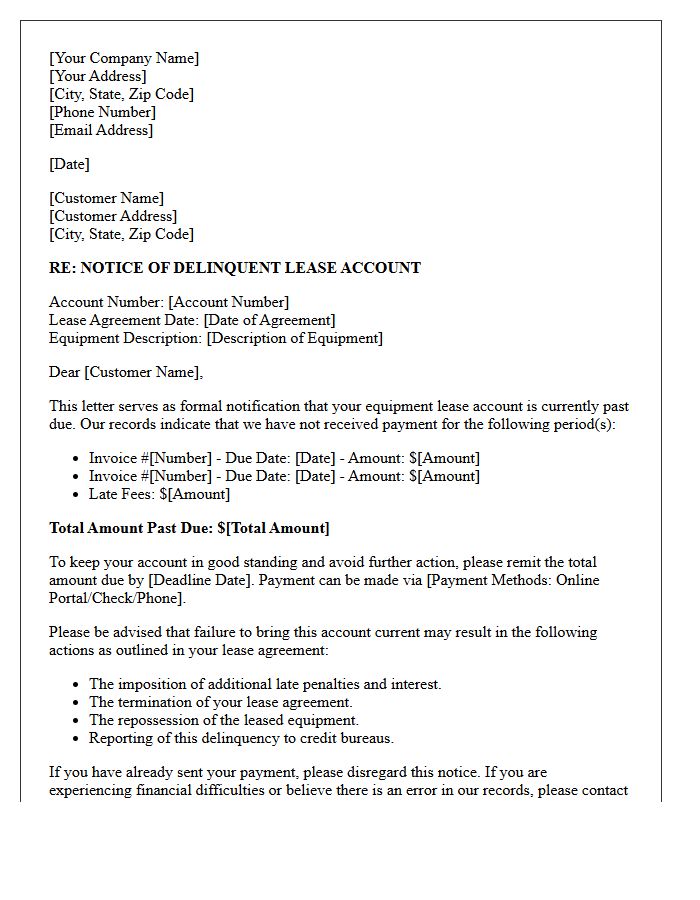 Delinquent Equipment Lease Account Notification Letter