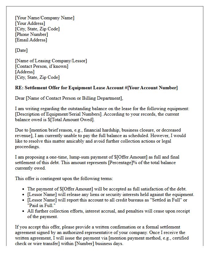 Equipment Lease Debt Settlement Offer Letter