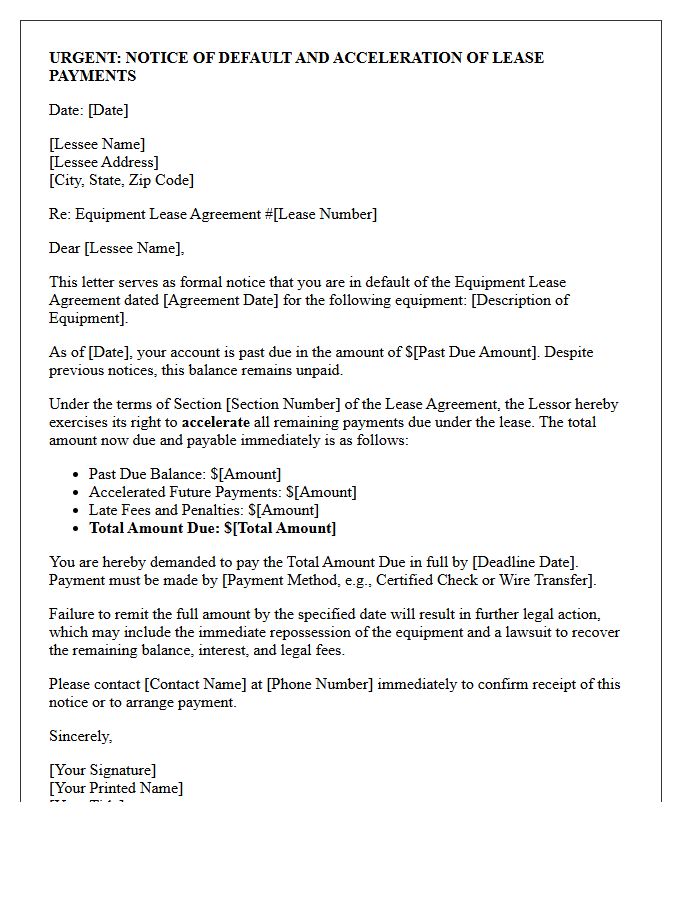 Equipment Lease Payment Acceleration Demand Letter