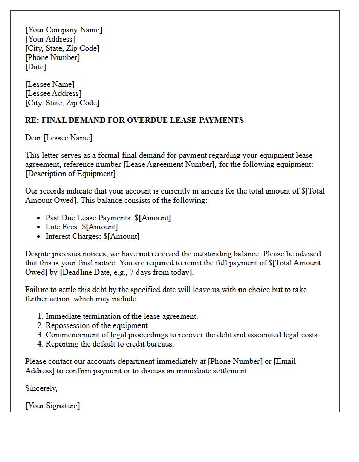 Final Demand for Equipment Lease Arrears Letter