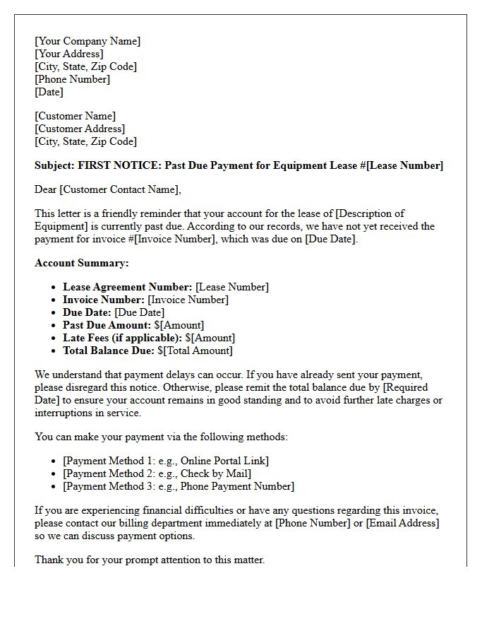 First Notice of Past Due Equipment Lease Letter