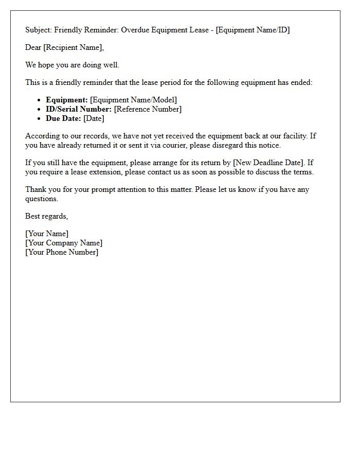 Friendly Reminder for Overdue Equipment Lease Letter