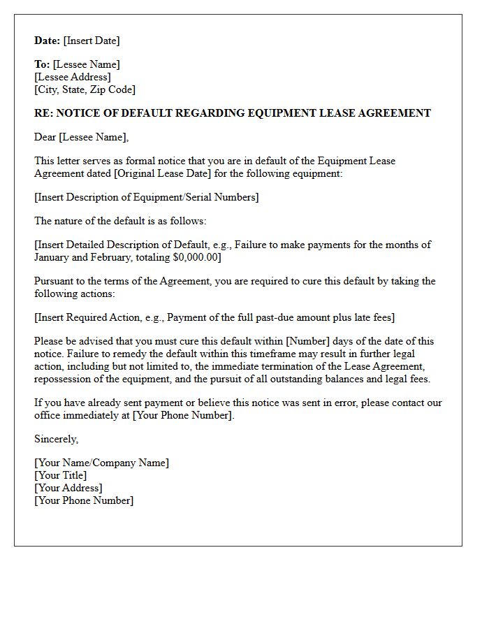 Notice of Default on Equipment Lease Letter