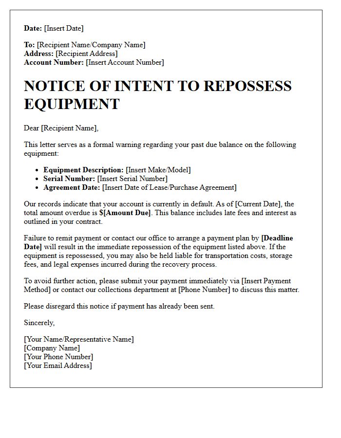 Notice of Equipment Repossession Warning Letter