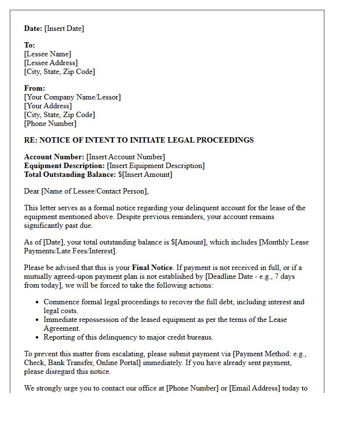 Pre-Legal Action Equipment Lease Debt Letter