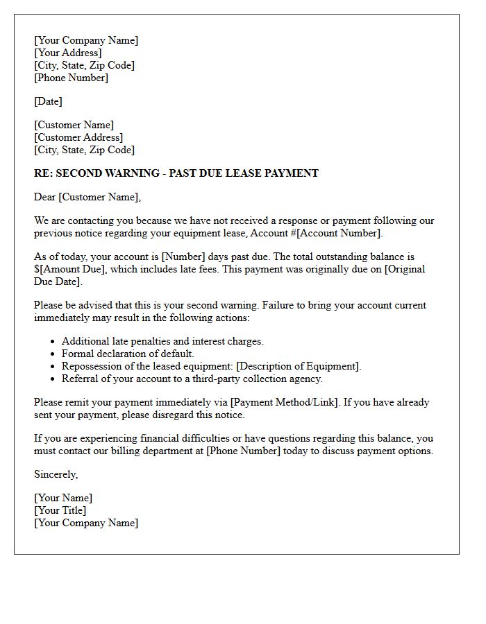 Second Warning for Past Due Equipment Lease Letter