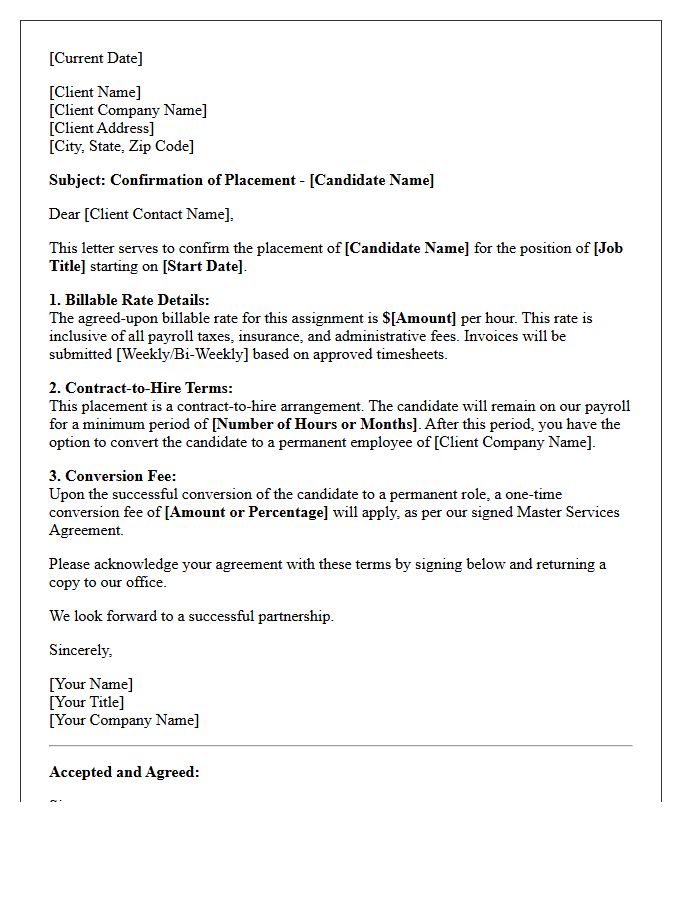 Billable Rate and Contract-to-Hire Placement Confirmation Letter