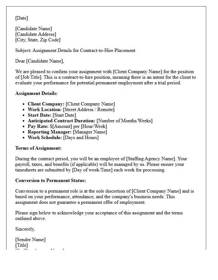 Candidate Assignment Letter for Contract-to-Hire Placement
