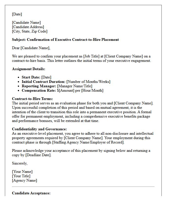 Executive Contract-to-Hire Candidate Placement Confirmation Letter