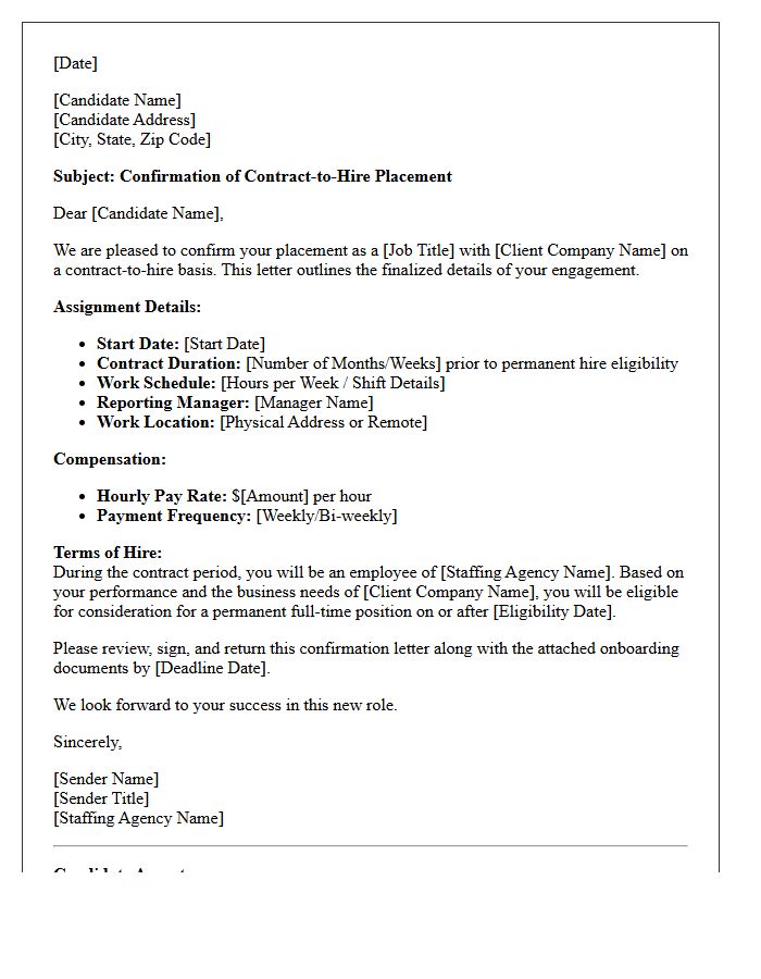 Finalized Contract-to-Hire Candidate Placement Confirmation Letter