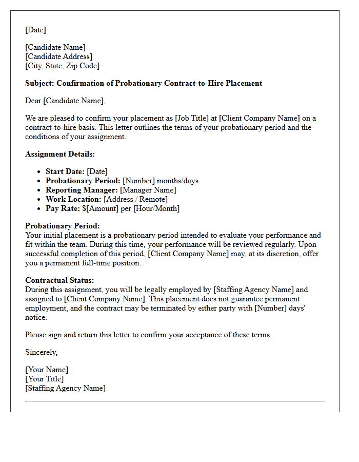 Probationary Contract-to-Hire Candidate Placement Confirmation Letter